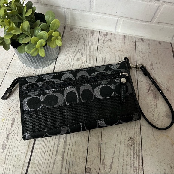 Coach Black Silver Signature Monogram Canvas Stripe Wristlet Wallet Metallic EUC - Picture 2 of 16